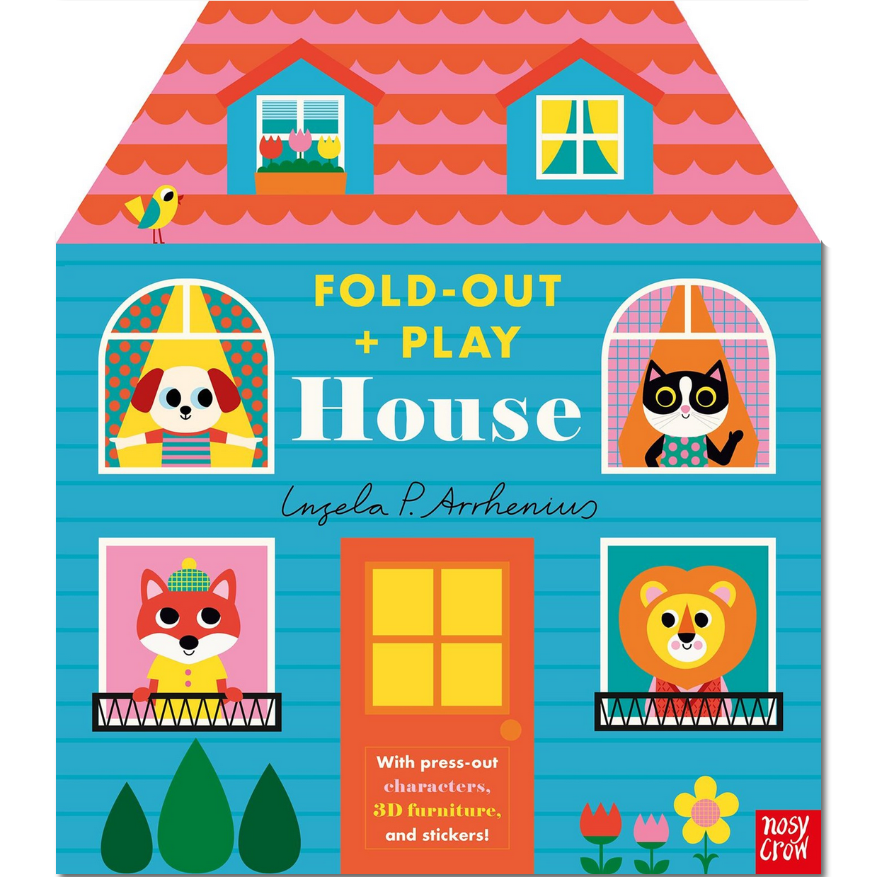Fold-out and play house book with colorful illustrations on a white background