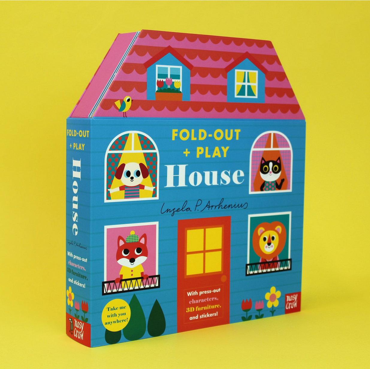 Fold-out and play house book packaging on a yellow background