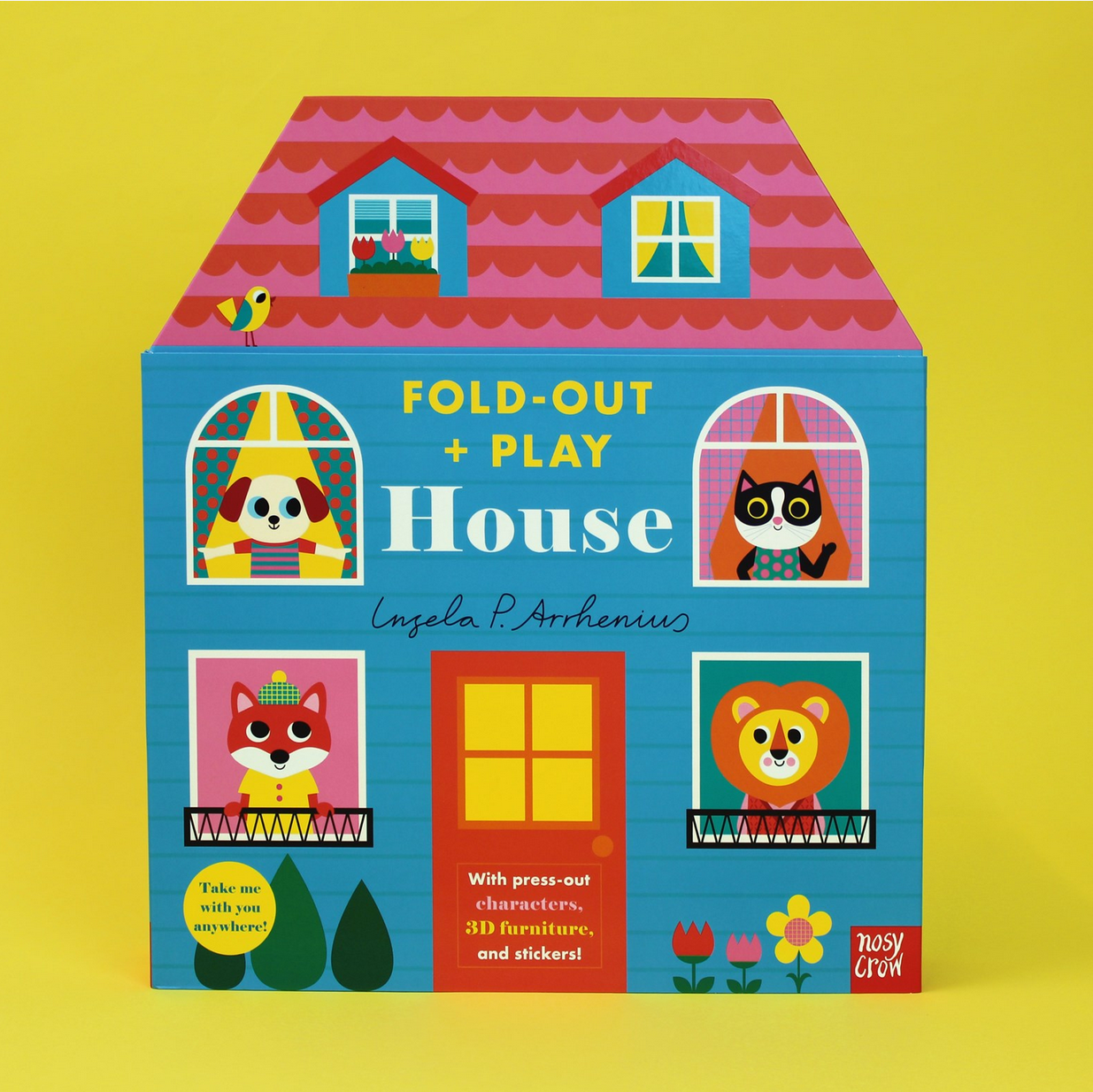 Fold-out and play house book with colorful design on a yellow background