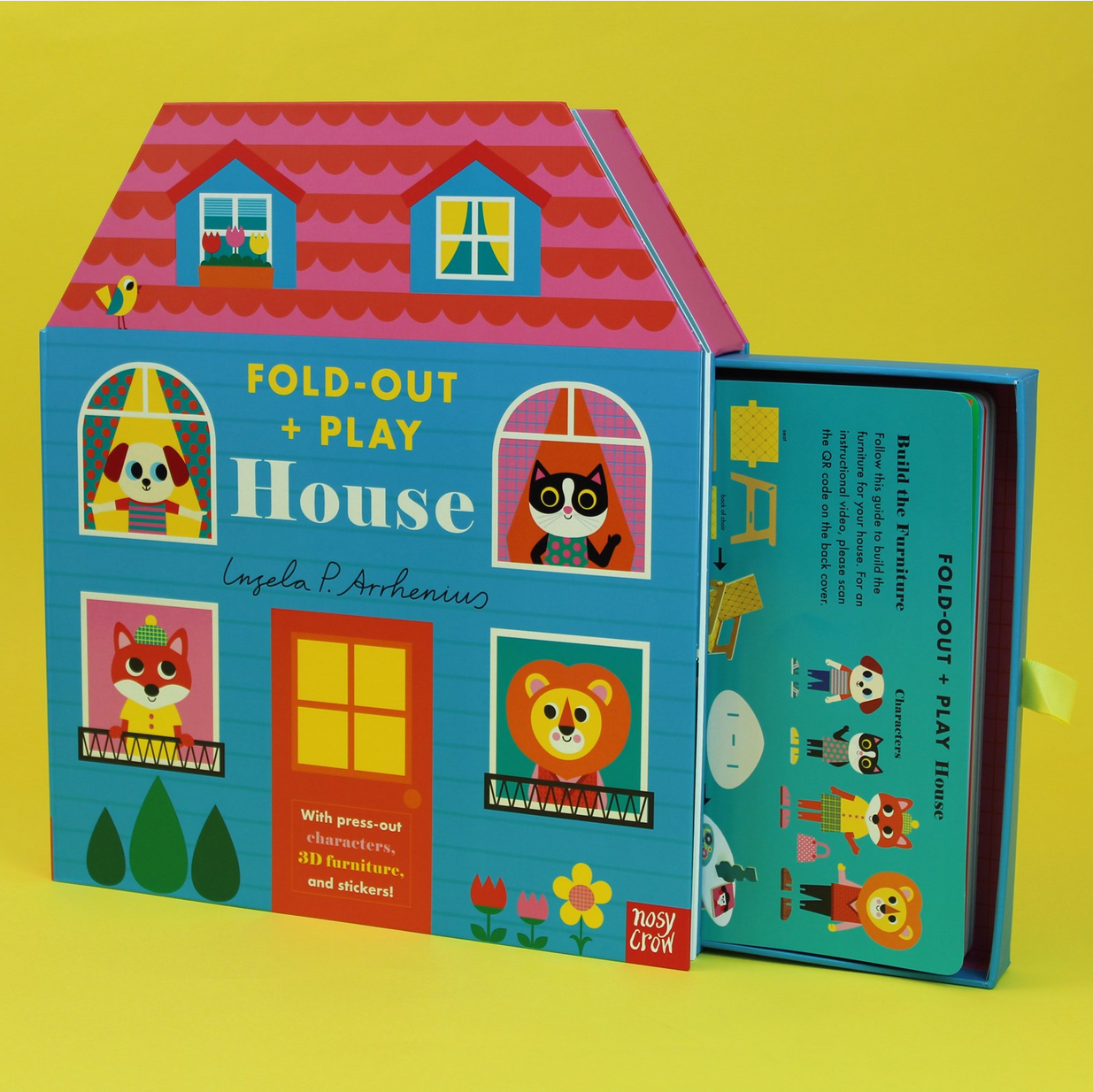 Fold-out and play house book with colorful design on a yellow background
