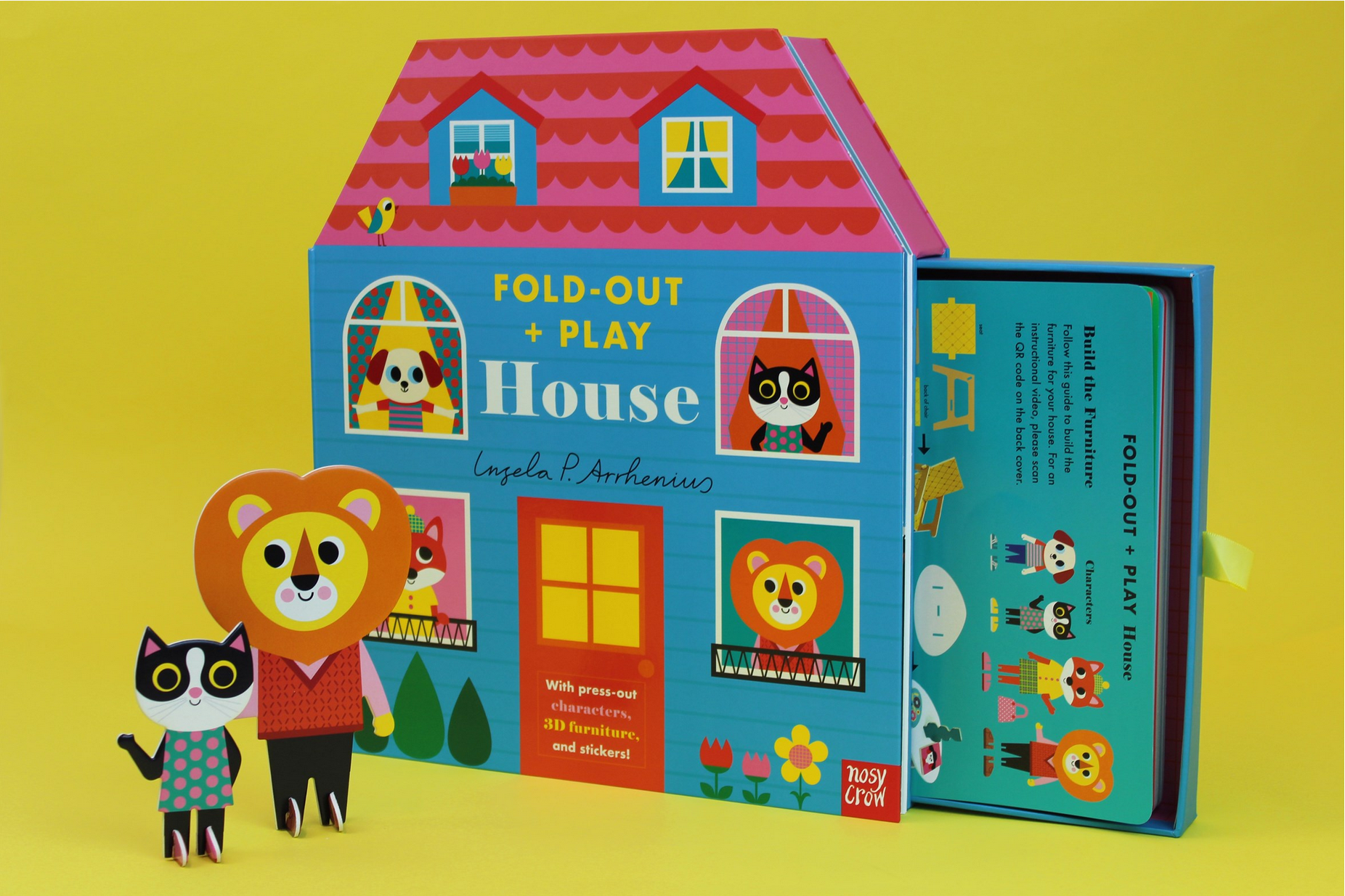 Fold-out play house book with colorful illustrations on a yellow background
