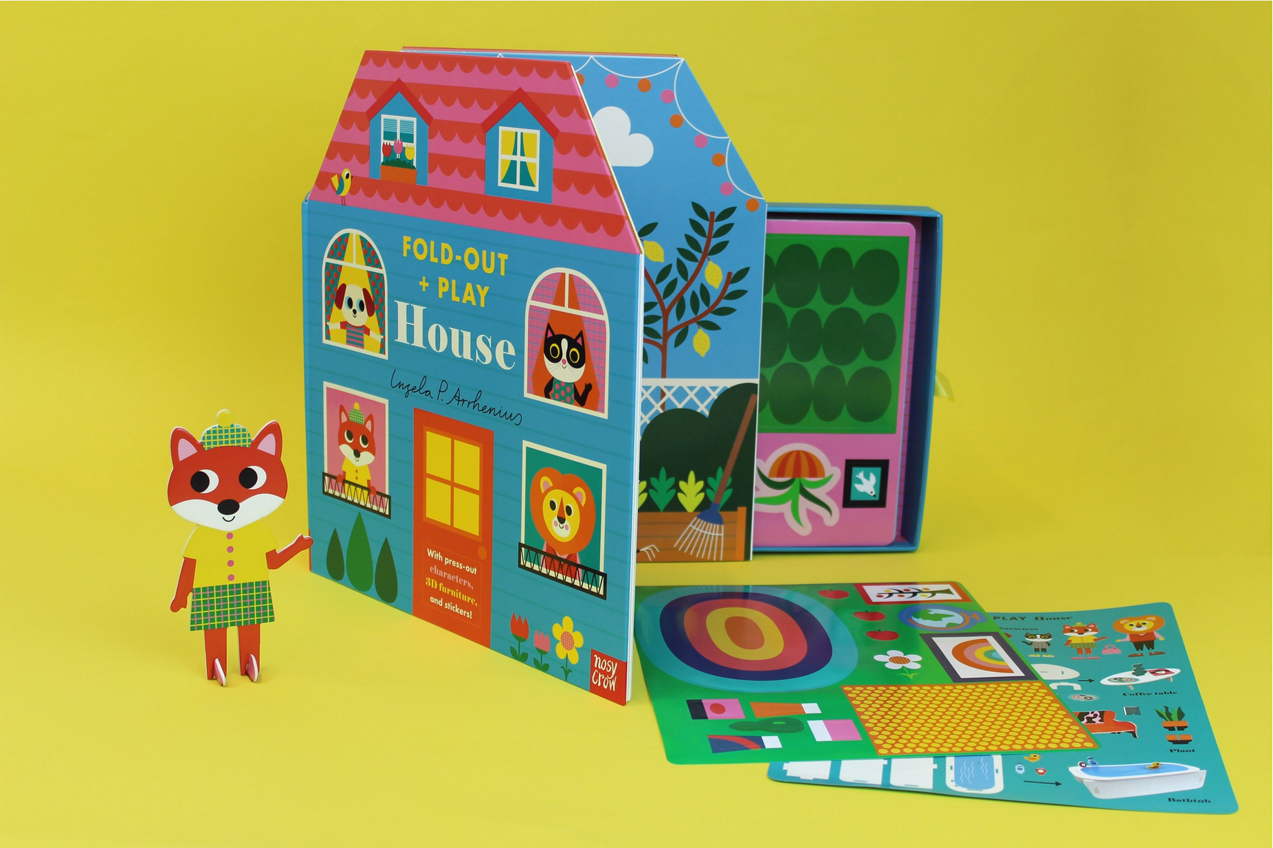 Fold-out play house toy with a fox figure on a yellow background