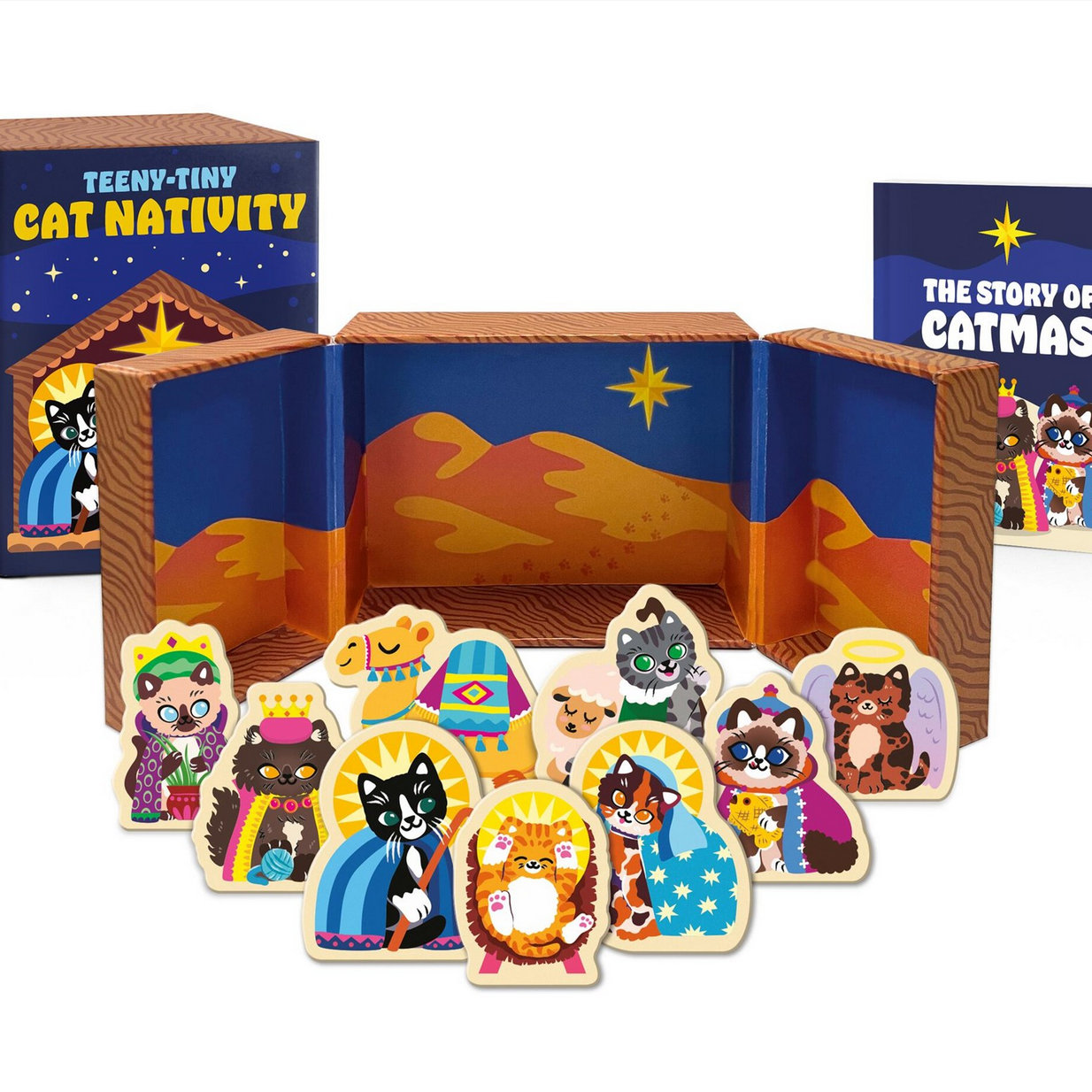 Cat-themed nativity set with figures and a display stand on a white background