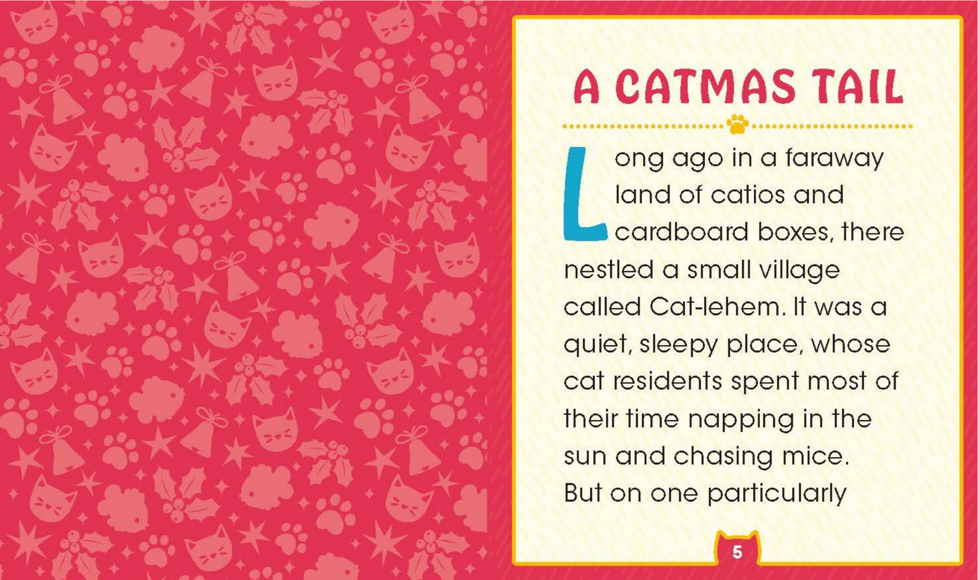 Children's book page with cat-themed illustrations and text on a pink background