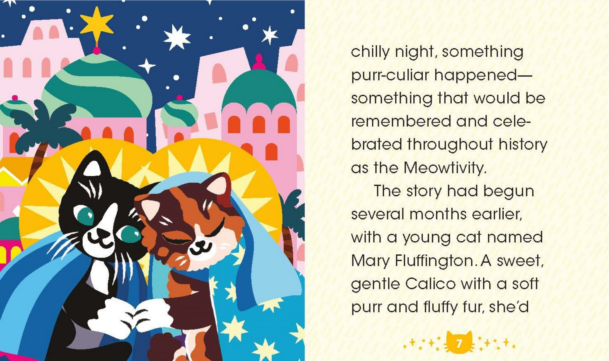 Illustration of two cats in a nativity scene with text about a Meowtivity celebration.