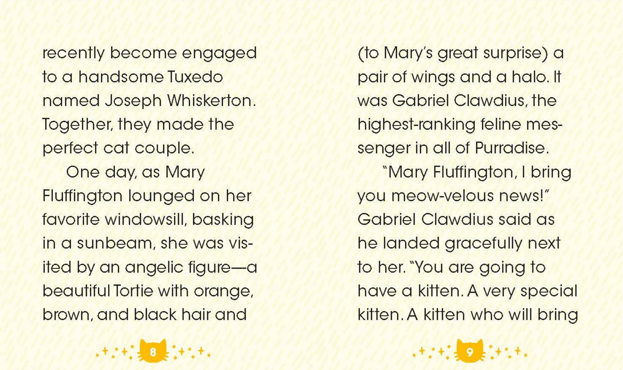 Text describing a fantasy scenario with cats and angelic figures on a light background