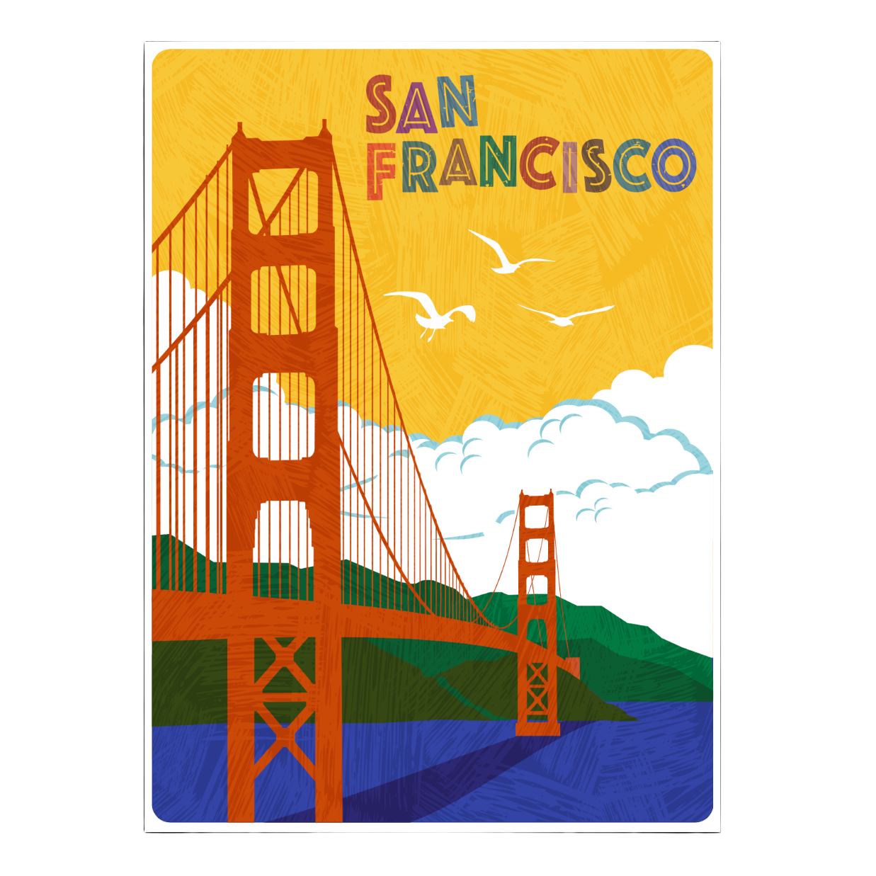 Illustration of the Golden Gate Bridge with 'San Francisco' text on a yellow background