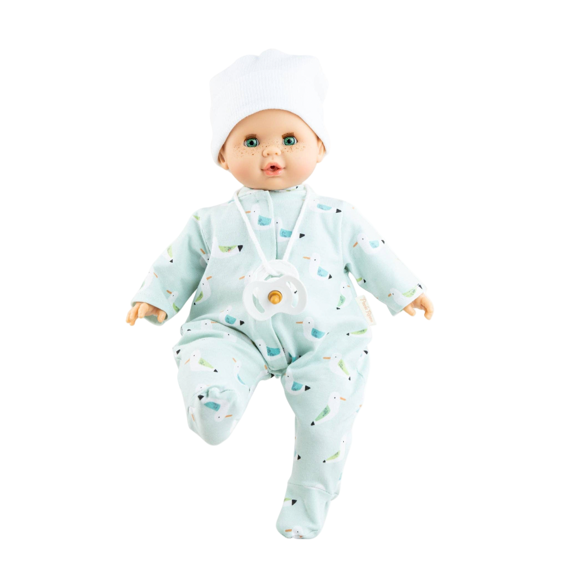 Baby doll in a light blue outfit with star patterns on a white background