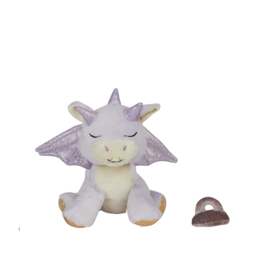 Plush dragon toy with purple accents on a white background