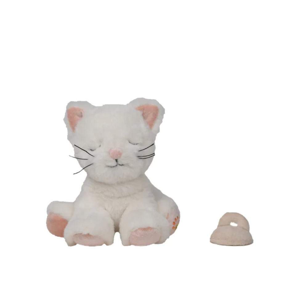 White cat-shaped plush toy with a bell on a white background