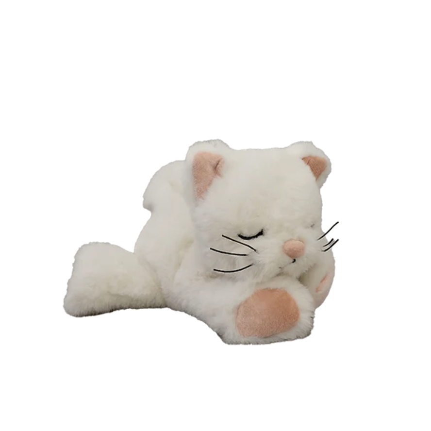 White plush cat toy with pink paws on a white background