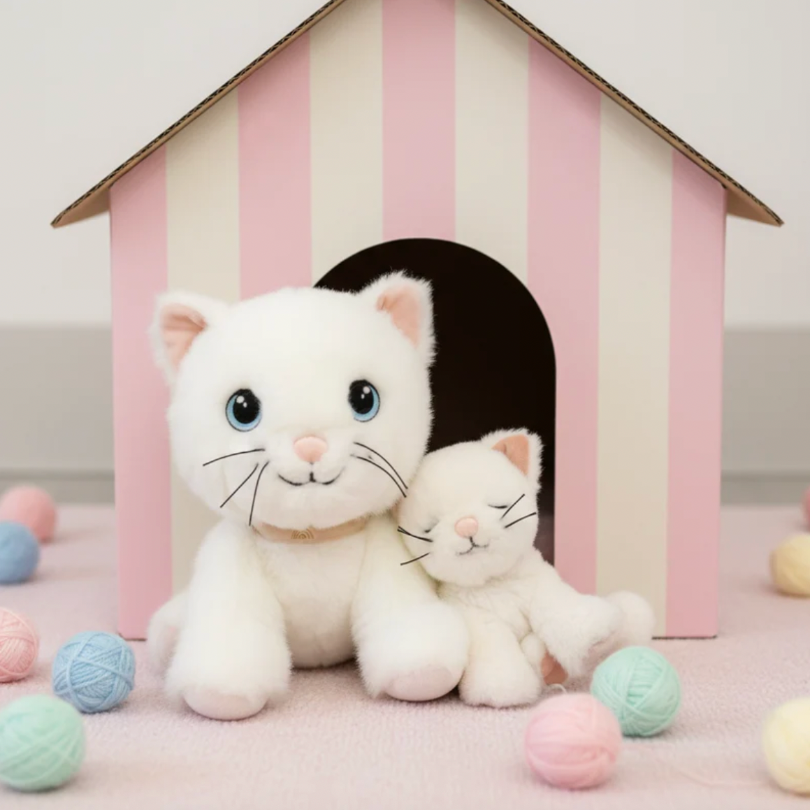 Two white cat plush toys in front of a pink and white striped house-shaped object.