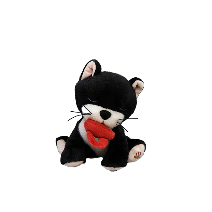 Black and white plush toy with a red pacifier on a white background