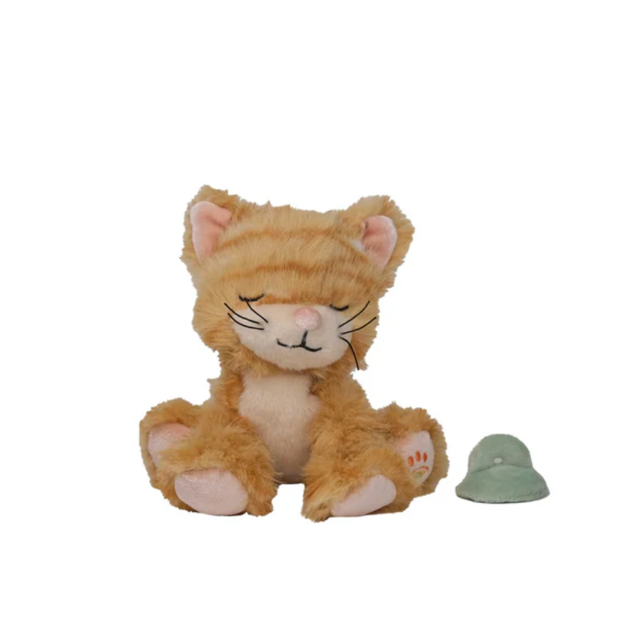 Plush cat toy with a small green leaf on a white background
