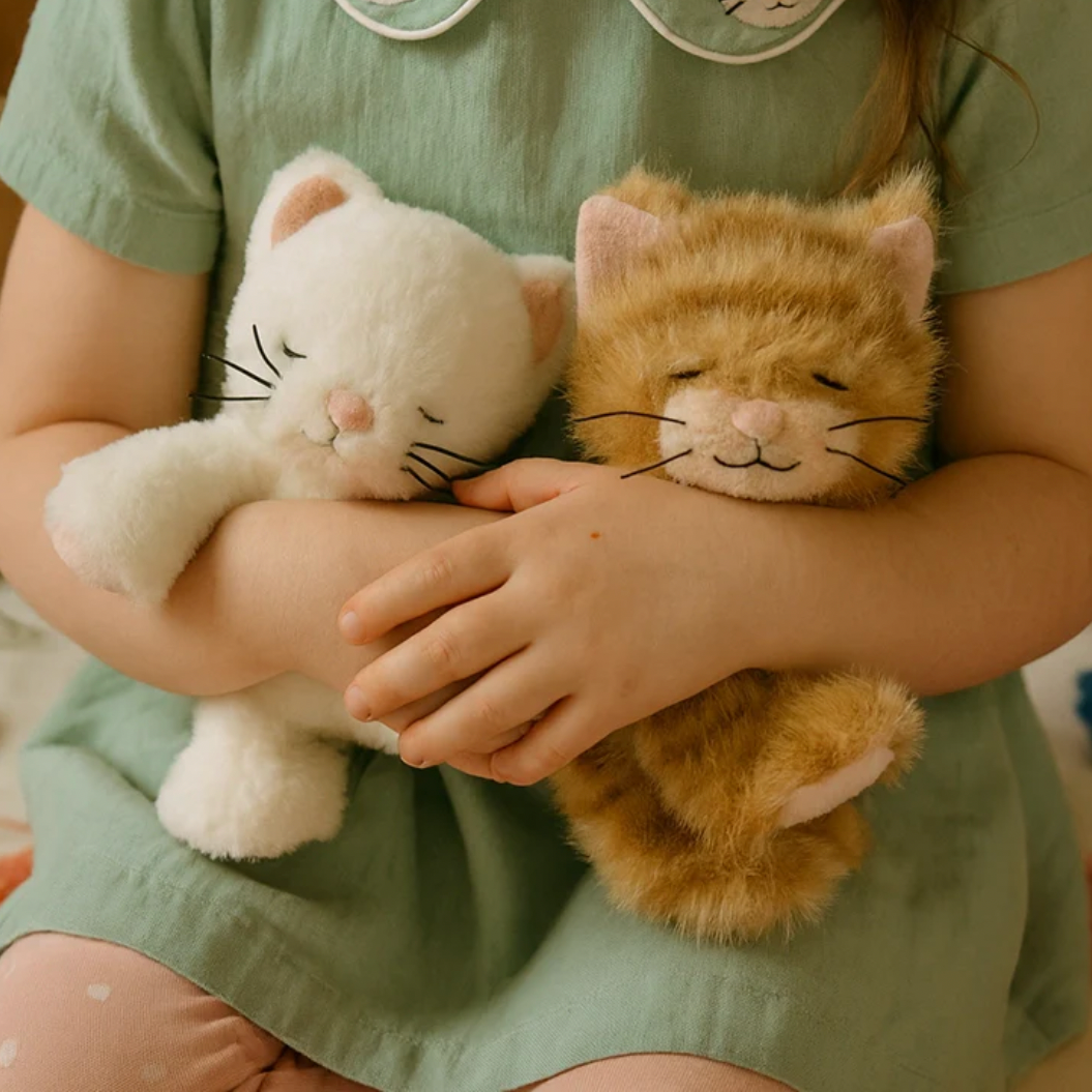 Child holding two plush toys, one white and one brown, against a blurred background.