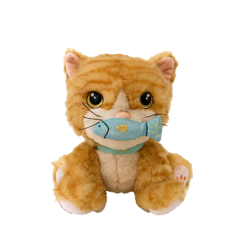 Plush toy cat wearing a blue mask on a white background