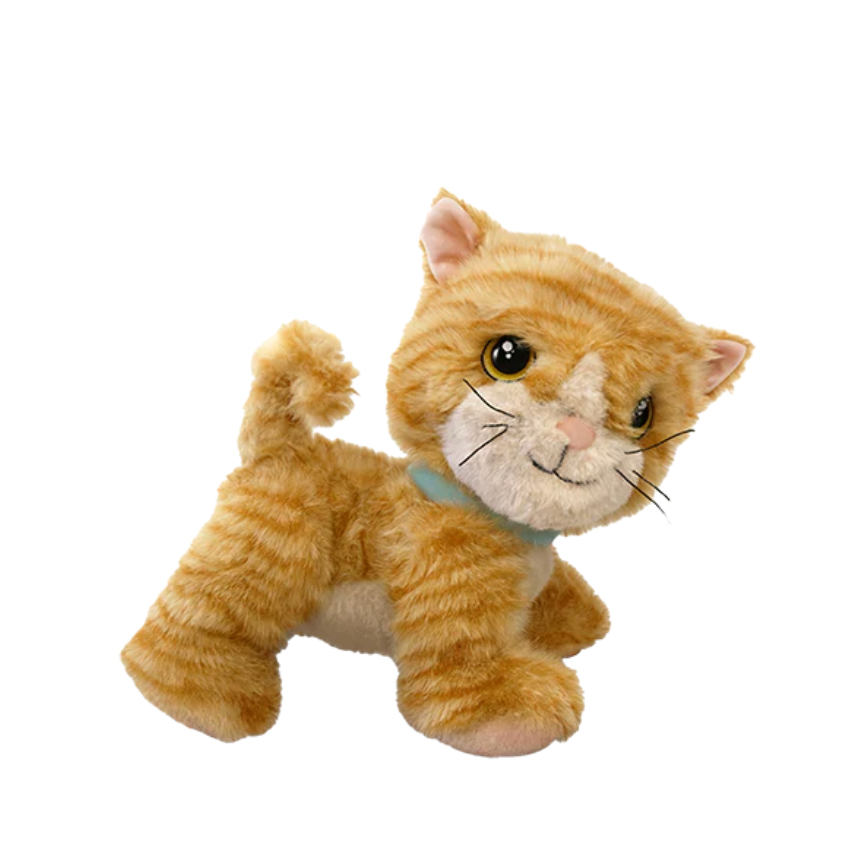 Plush toy cat on a white background with website navigation bar at the top.