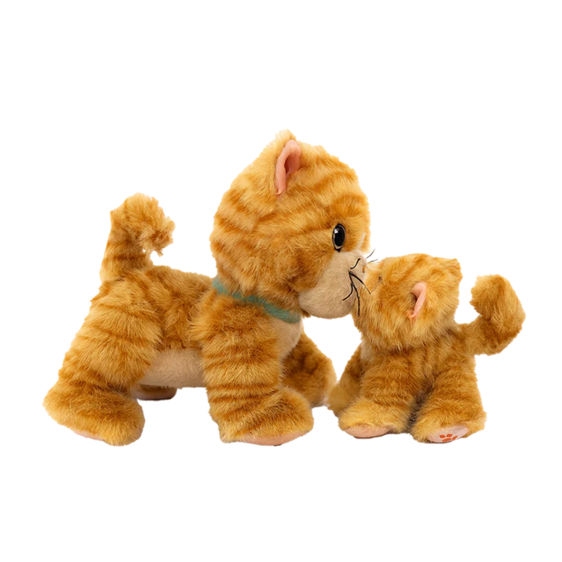 Two plush cats, one larger and one smaller, on a white background.