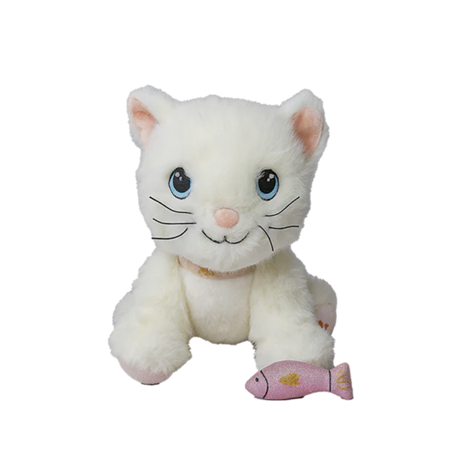 White plush cat toy with a pink fish on a white background