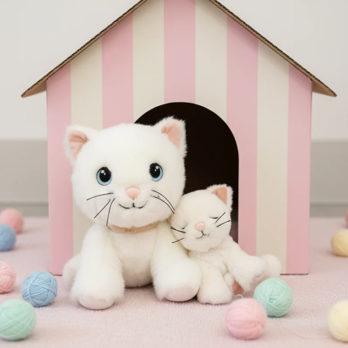 White plush cat toy with a smaller cat toy inside a pink and white striped house on a light background.