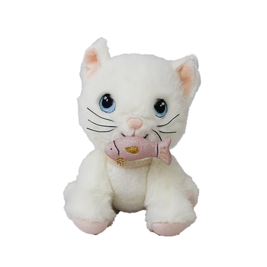 White plush cat toy with a pink bow on a white background