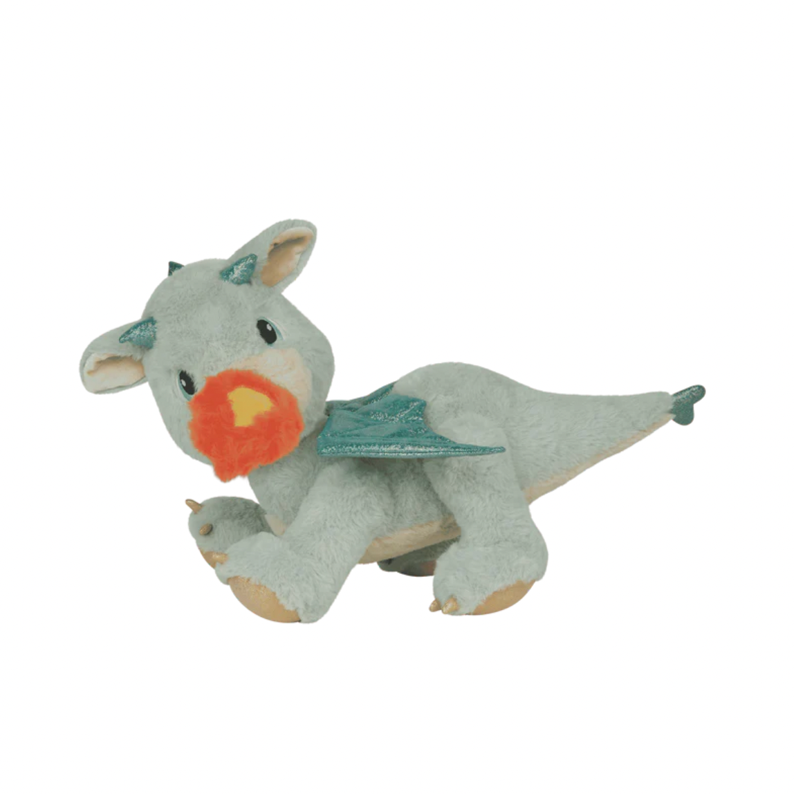 Plush toy dragon with a red nose on a white background