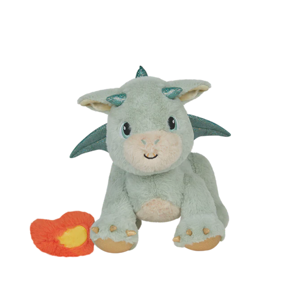 Plush dragon toy with a flower on a white background