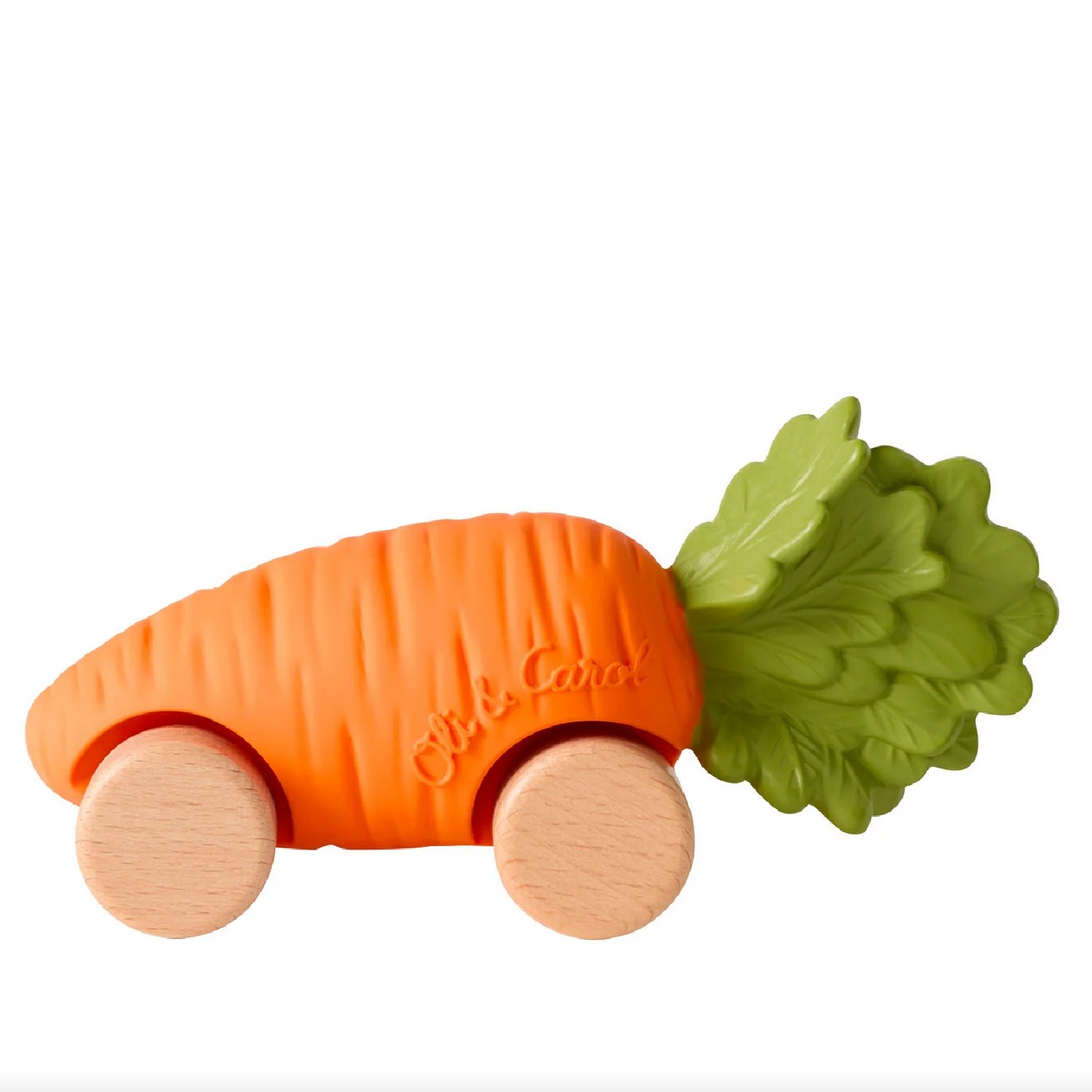 Carrot-shaped toy with wooden wheels and a green leaf on a white background, branded 'Oli & Carol'.