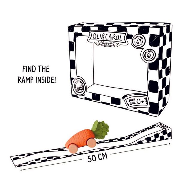 Oli & Carol toy packaging with a checkered design, toy car, and ramp on a white background.