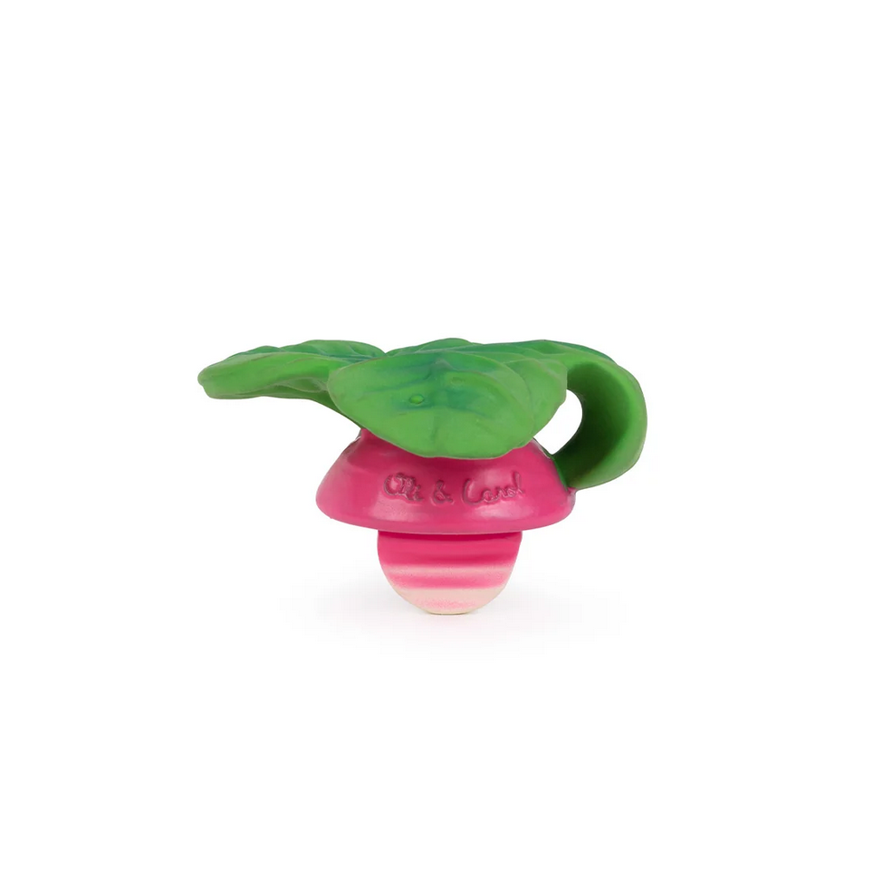 Pink and green teething toy with leaf design on a white background