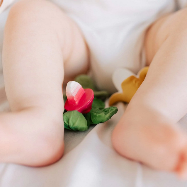 Close-up of baby legs with a small flower toy between them on a white background