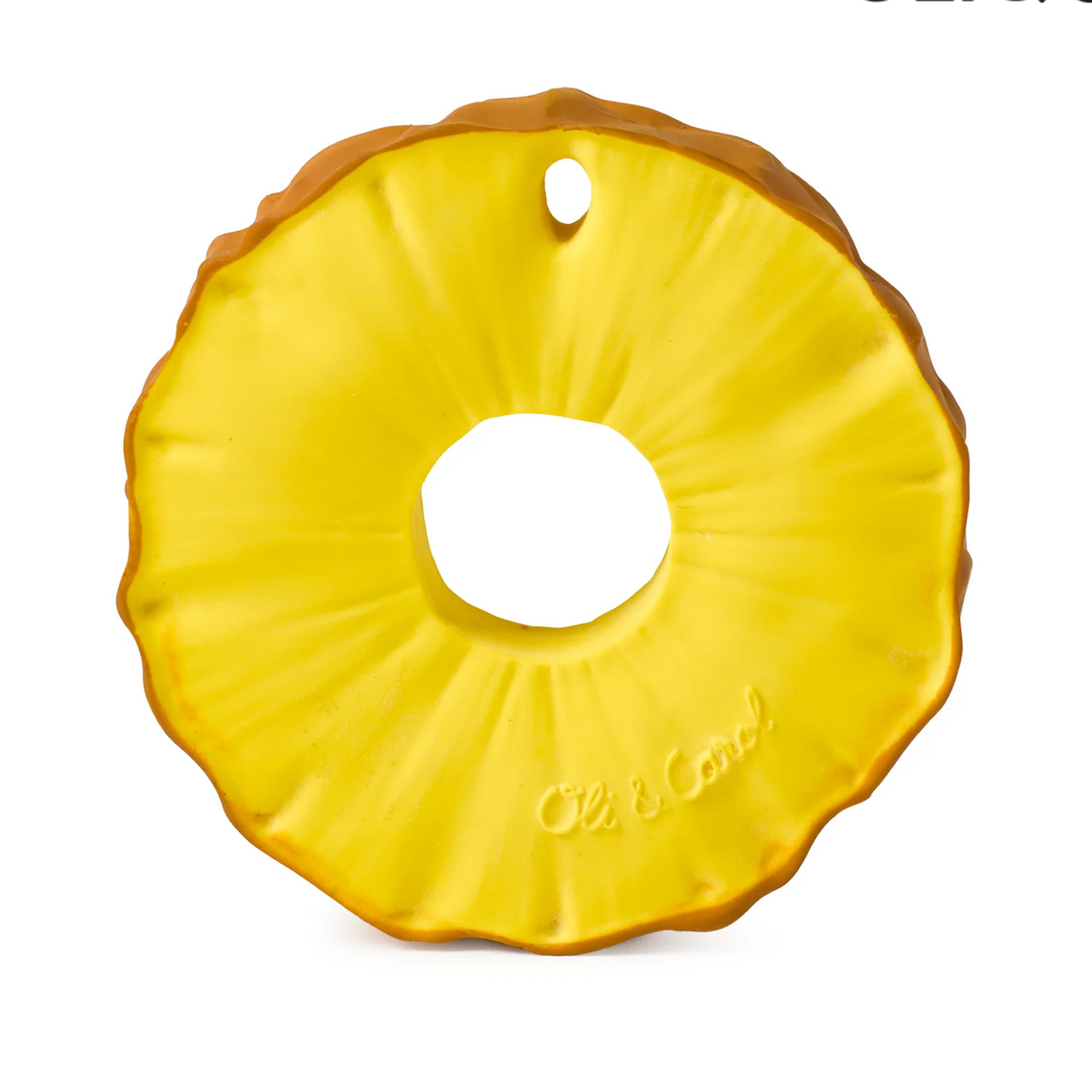 Yellow pineapple-shaped baby toy with a brown rim on a white background
