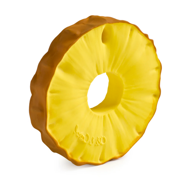 Yellow rubber dog toy shaped like a pineapple on a white background