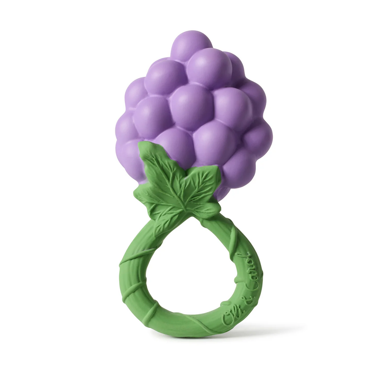 Purple grape-shaped teether with green stem on a white background