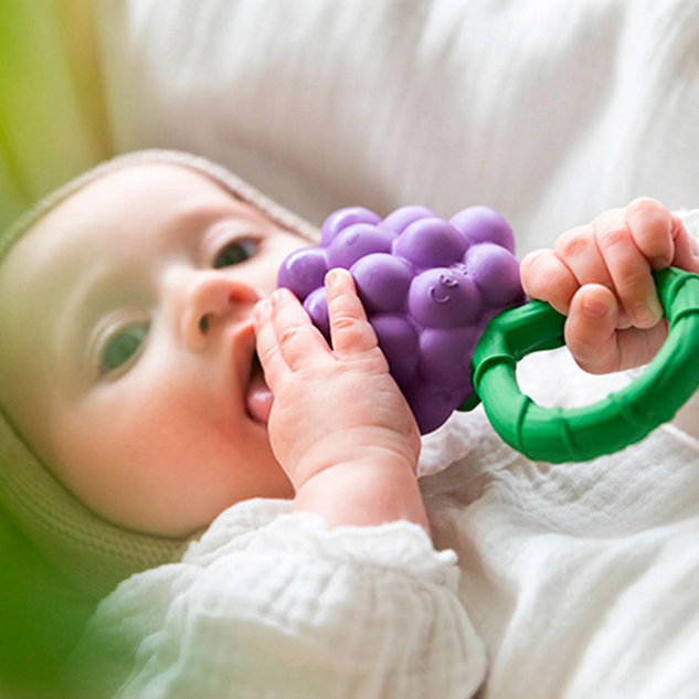 Baby playing with a purple and green teething toy
