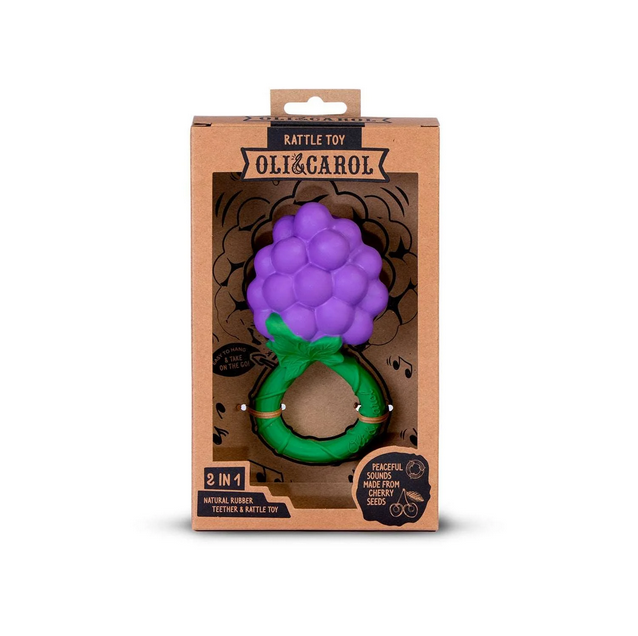 Oli & Carol purple and green grape-shaped rattle toy in packaging on a white background
