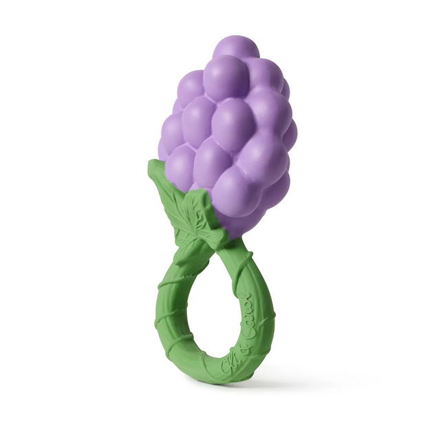 Purple and green teething toy shaped like grapes on a white background