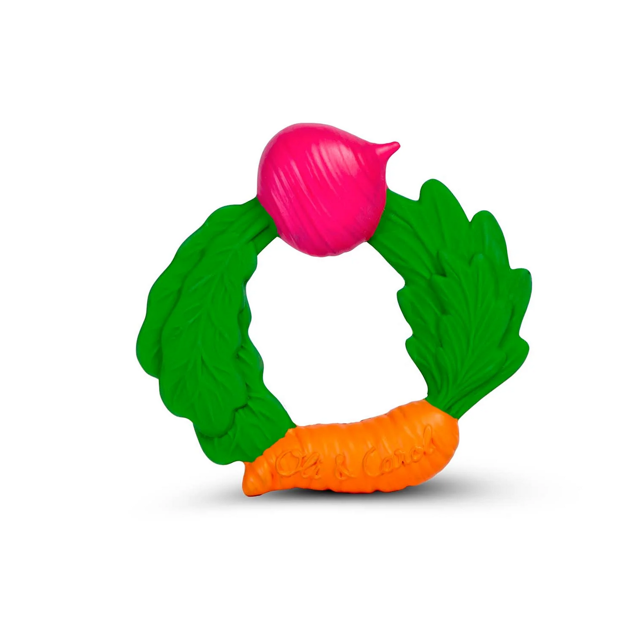 Toy shaped like a carrot with a pink top and green leaves on a white background