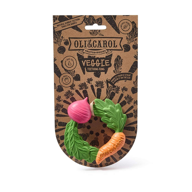 Oli & Carol veggie teething ring packaging on a white background