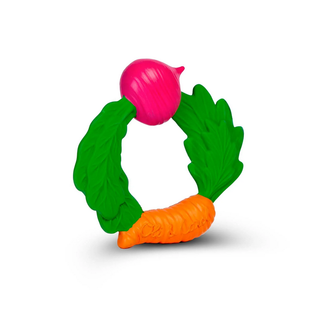 Toy shaped like a pink radish with green leaves and an orange carrot on a white background