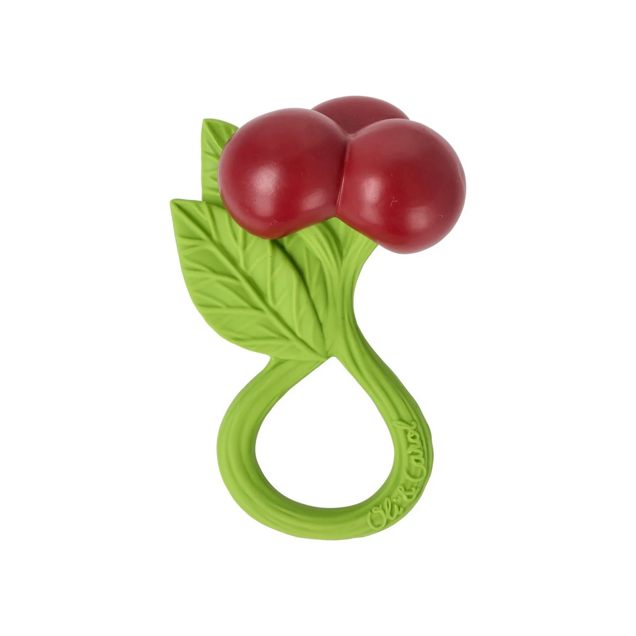 Green teething ring with red berries on a white background