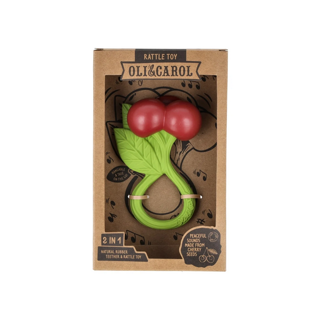 Oli & Carol cherry-themed teething ring in packaging on a white background
