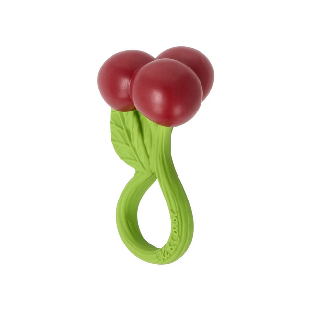 Green and red baby teether on a white background
