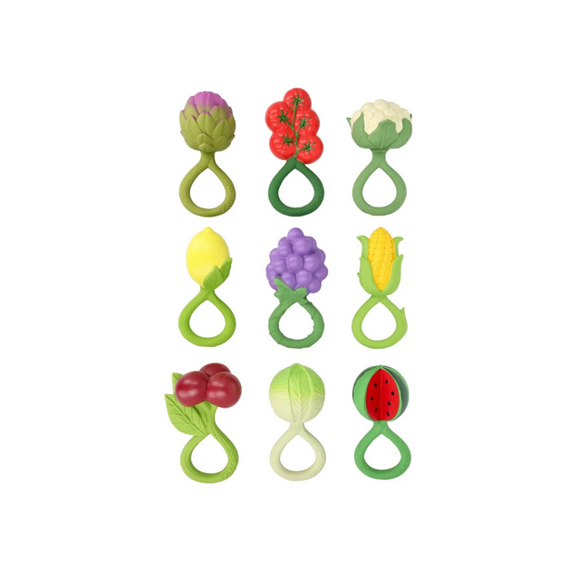 Set of colorful vegetable-shaped baby teether toys on a white background