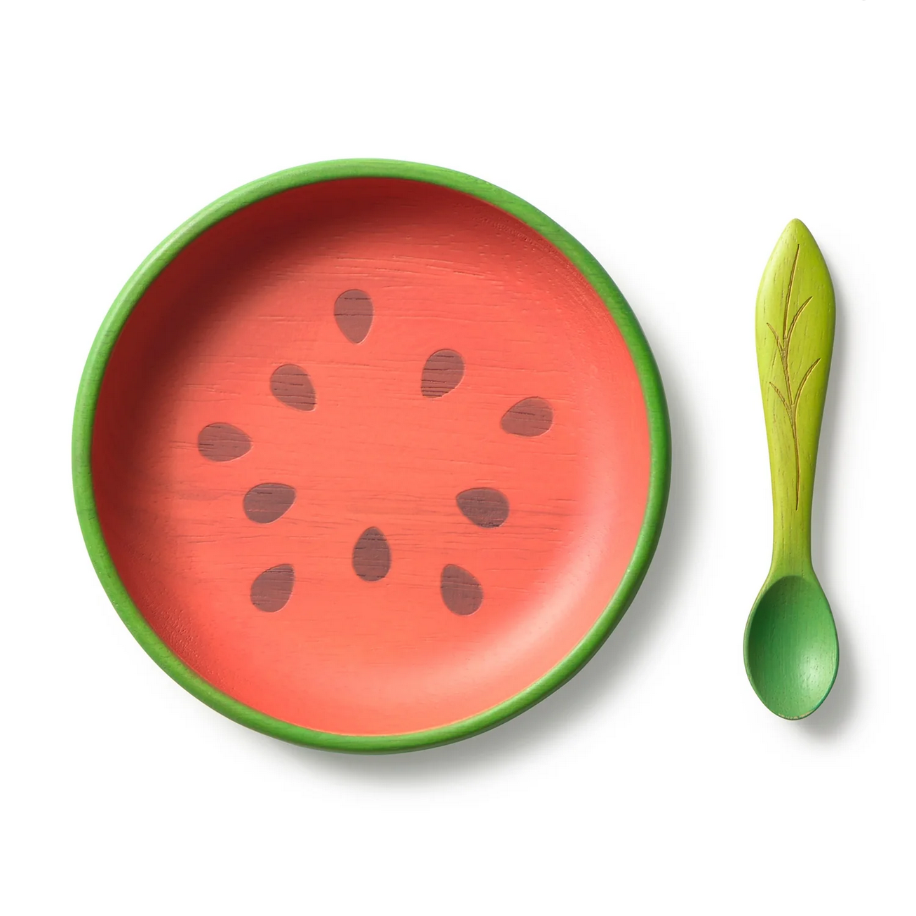 Children's plate and spoon set with watermelon design on a white background