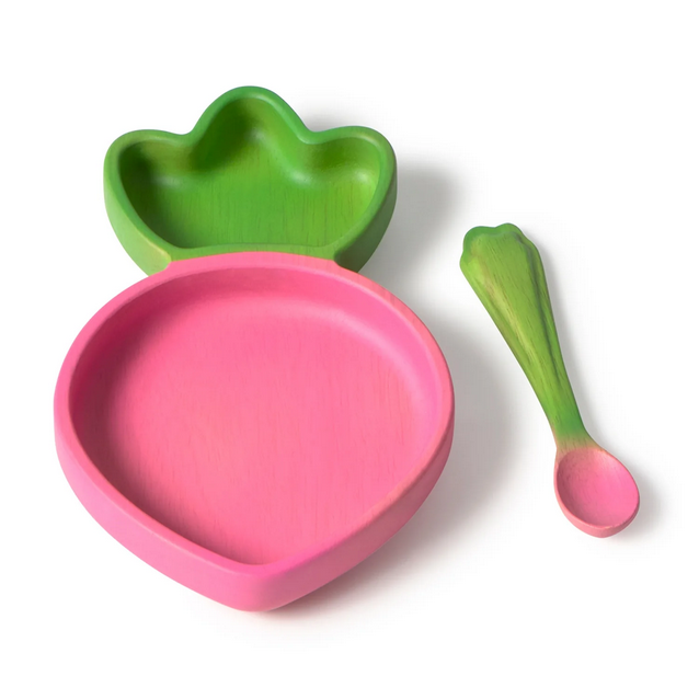 Pink and green children's bowl and spoon set on a white background
