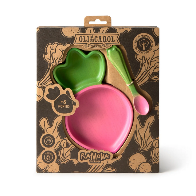 Oli & Carol children's dinnerware set in packaging with 'Rámona the Rabbit' design.