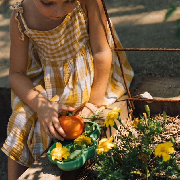 Child in a yellow checkered dress holding a small pumpkin in a garden with flowers.
