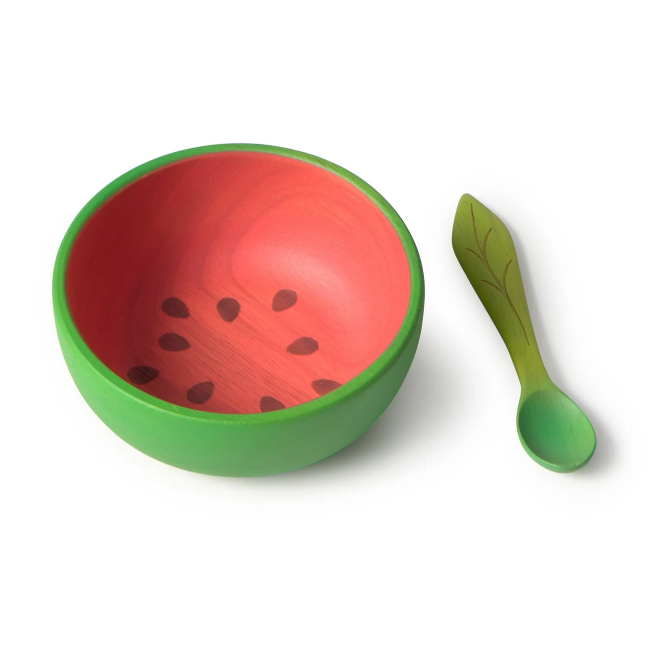 Children's bowl and spoon set designed like a watermelon on a white background
