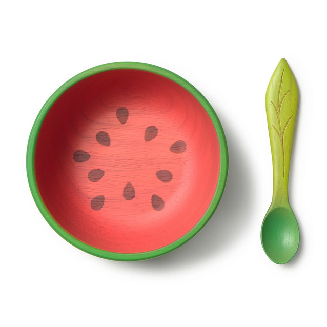 Children's bowl and spoon set designed to look like watermelon on a white background
